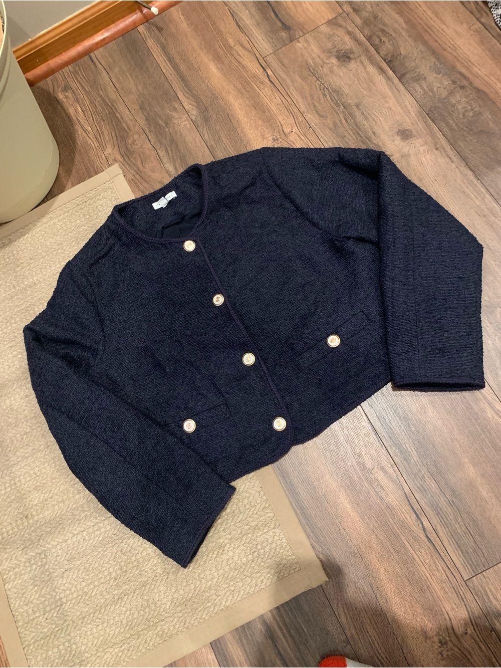 Women's Navy Cropped Bomber Jacket with Pearl Buttons